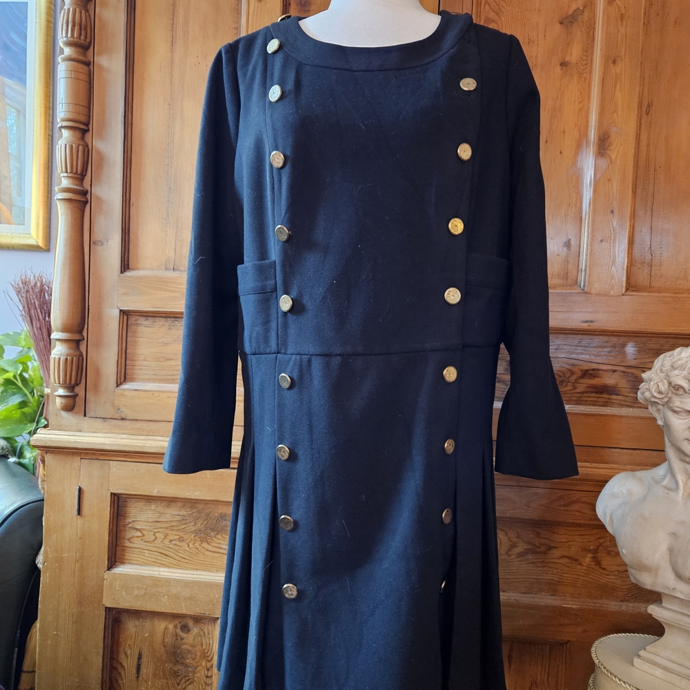 TUCKERNUCK Vintage 1960's Double Breasted Black Coat Dress. Gold Buttons
